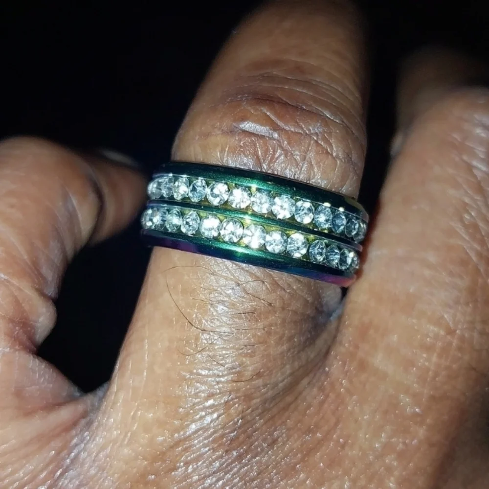 Iridescent Unisex Stainless Steel Rainbow Crystal Band Ring